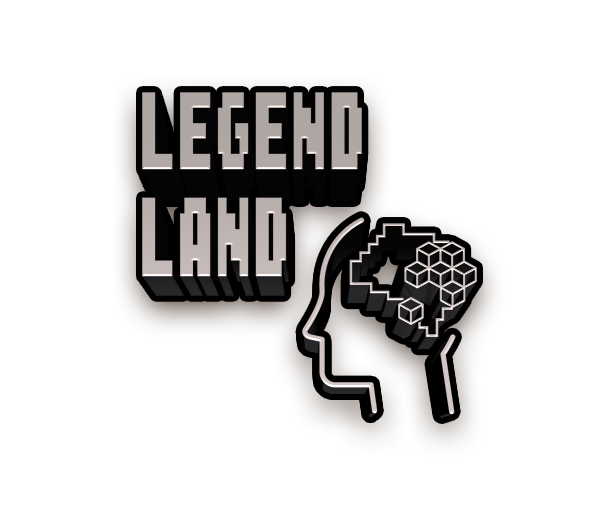 LegendLand Logo with text on the left, that uses a black and white outcropping of a persons head, facing right to left, on the right